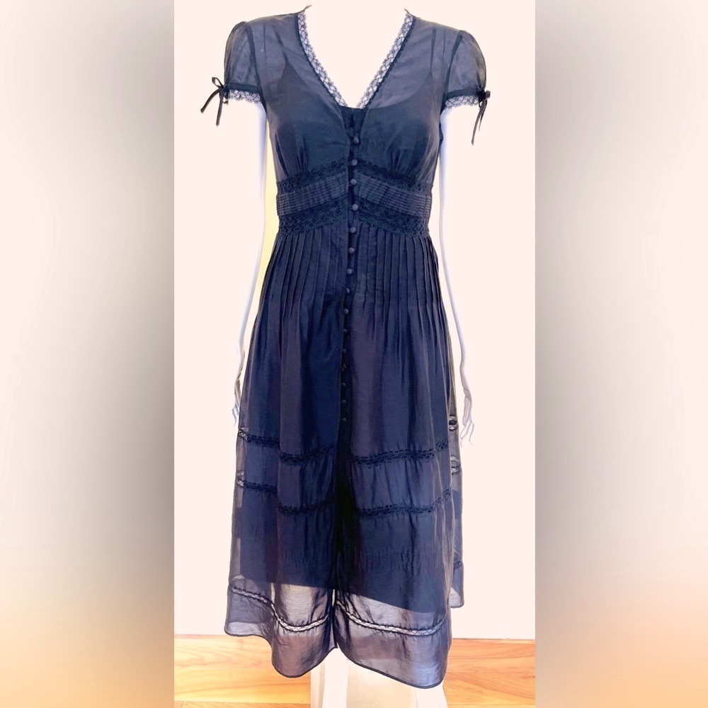 A New Approach a.n.a. Black sheer midi button-up dress lace trims drapes US S
